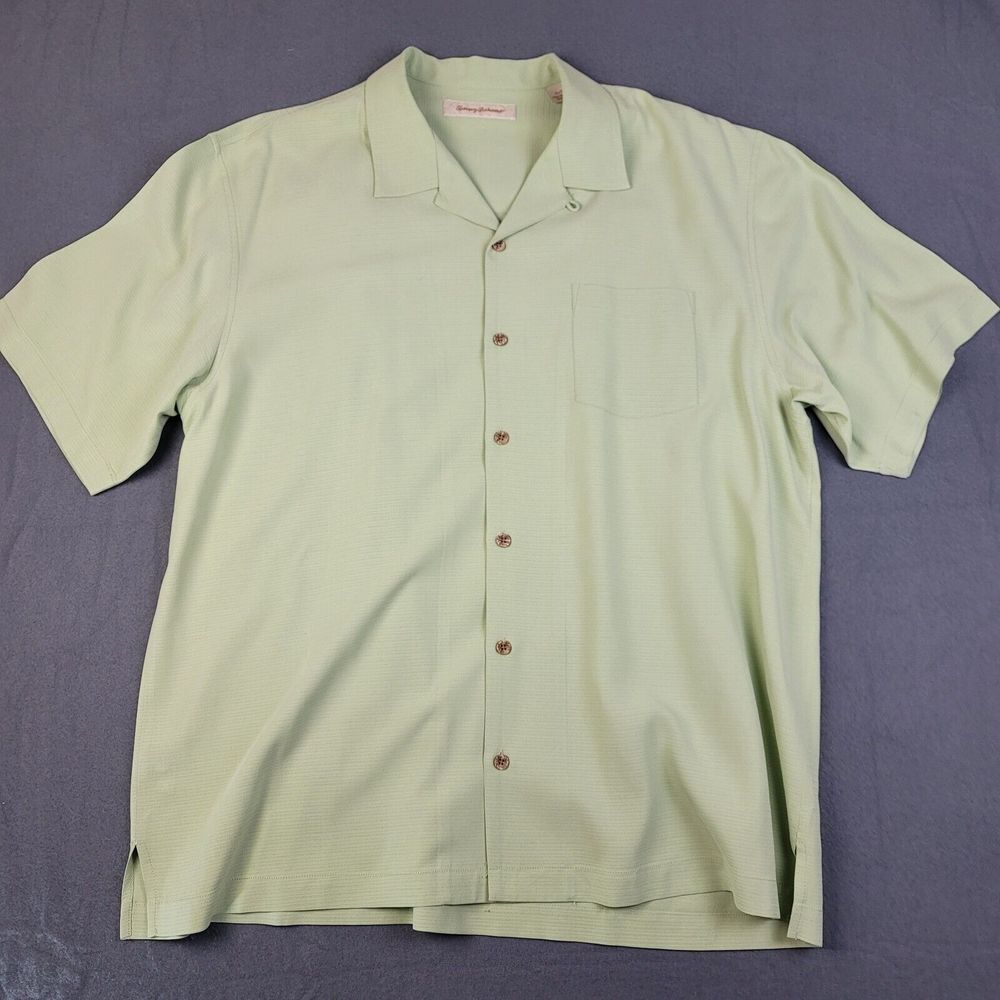 Tommy Bahama Shirt Mens Green Hawaiian Aloha Camp Short Sleeve Silk Size XL